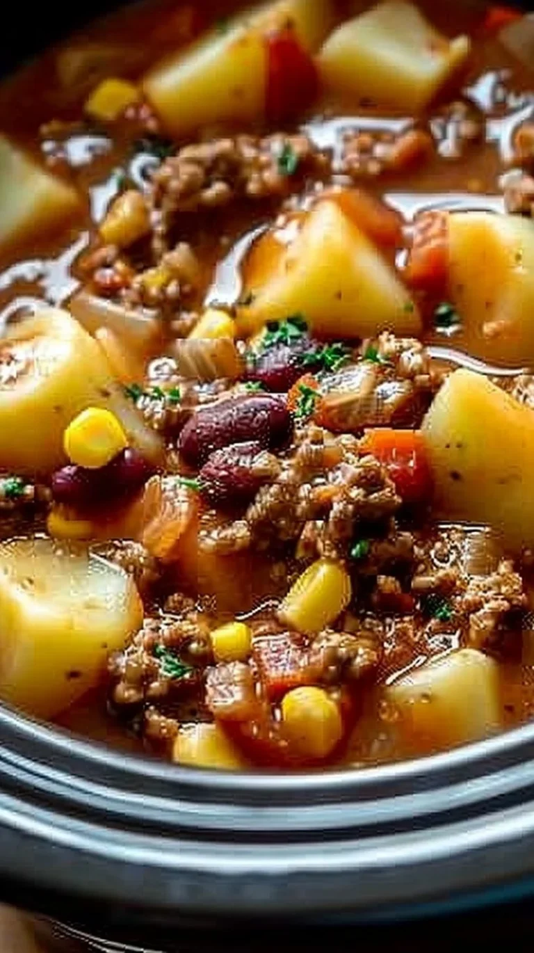 Delicious slow cooker cowboy casserole topped with cheese and savory ingredients.