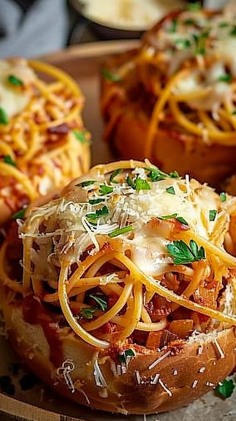 Bowl of spaghetti served in a garlic bread bowl, garnished with parsley.