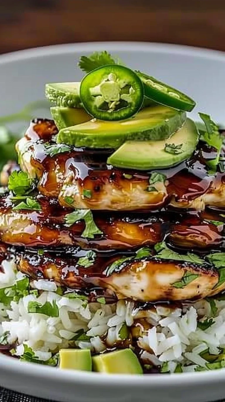 Tangy Honey Lime Chicken served with Avocado Rice Stack for a delicious meal.