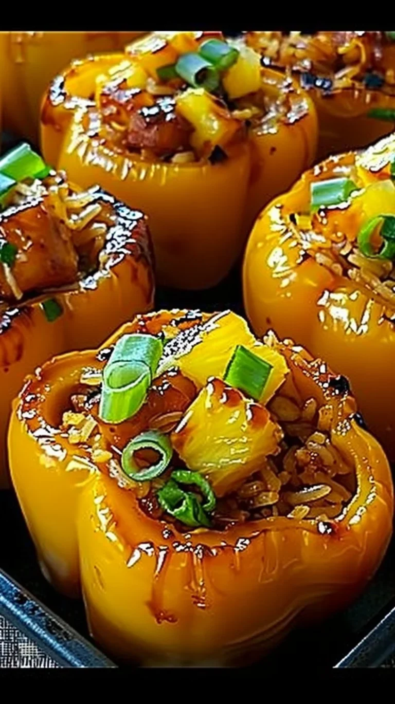 Teriyaki pineapple chicken and rice stuffed peppers garnished with green onions.