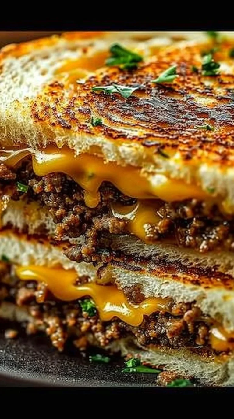 Ultimate cheesy ground beef melt topped with melted cheese and savory beef