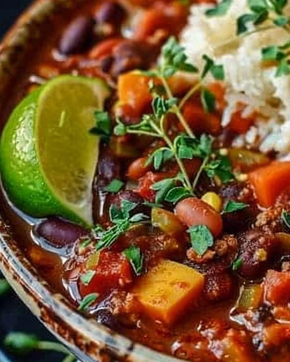 Bowl of delicious vegan chili topped with avocado and cilantro
