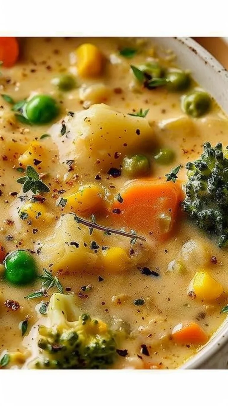 Bowl of veggie pot pie soup showcasing colorful vegetables and creamy broth