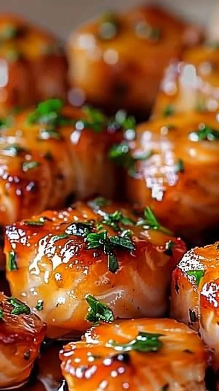 Air fryer honey garlic salmon bites served on a plate with herbs