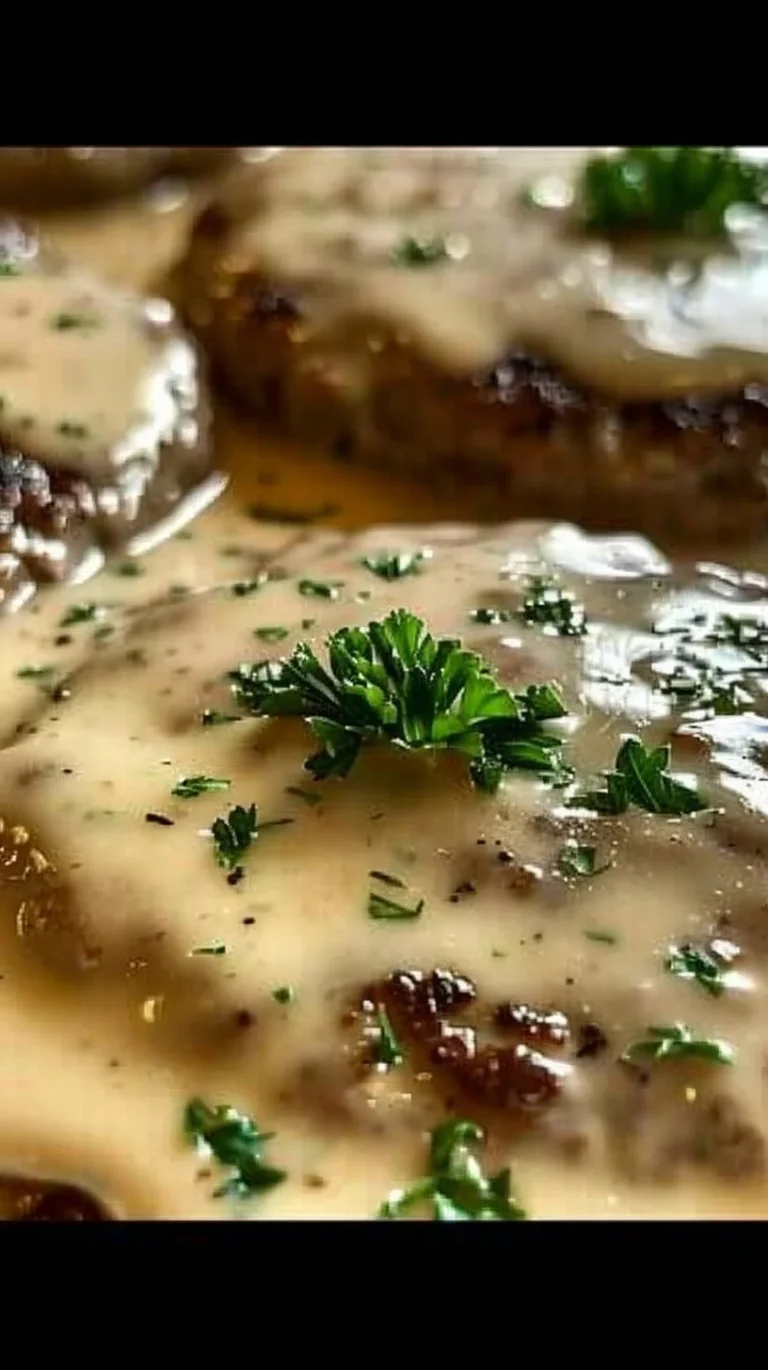 Amish Hamburger Steak Bake served on a plate with fresh herbs and vegetables