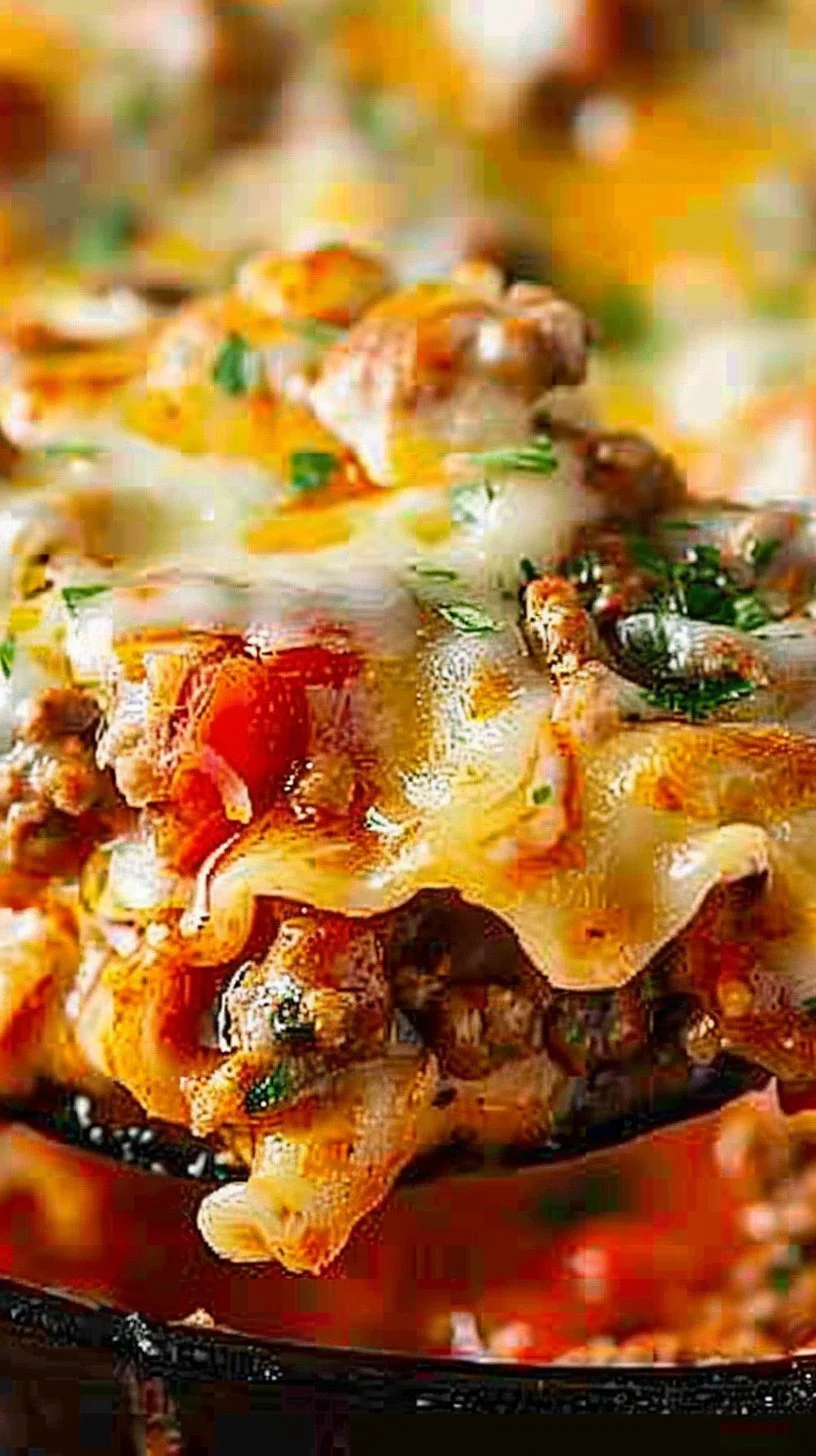 Delicious Beef Lombardi casserole topped with cheese and herbs