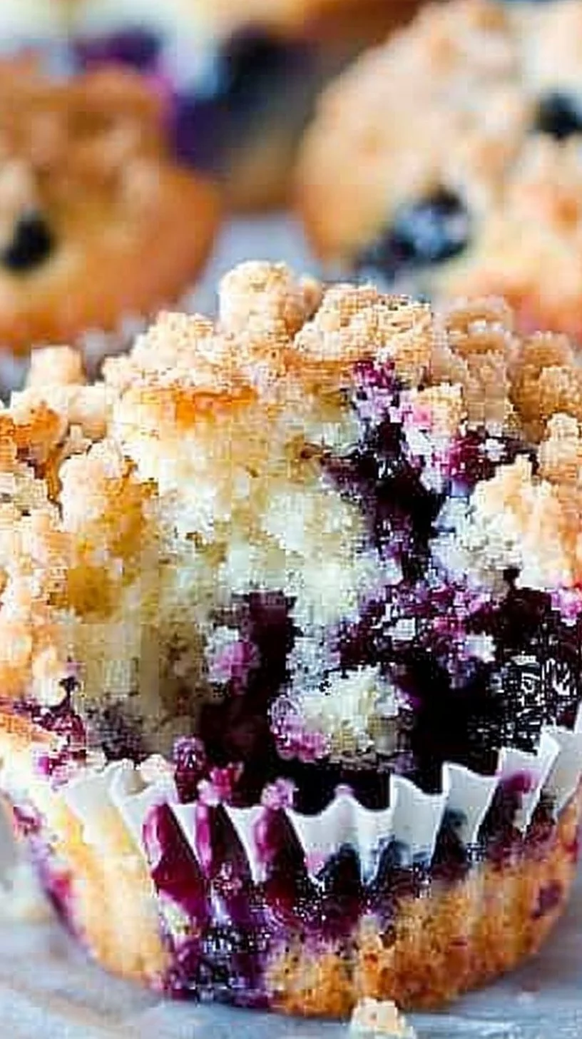Delicious homemade blueberry muffins with fresh blueberries on a wooden table.