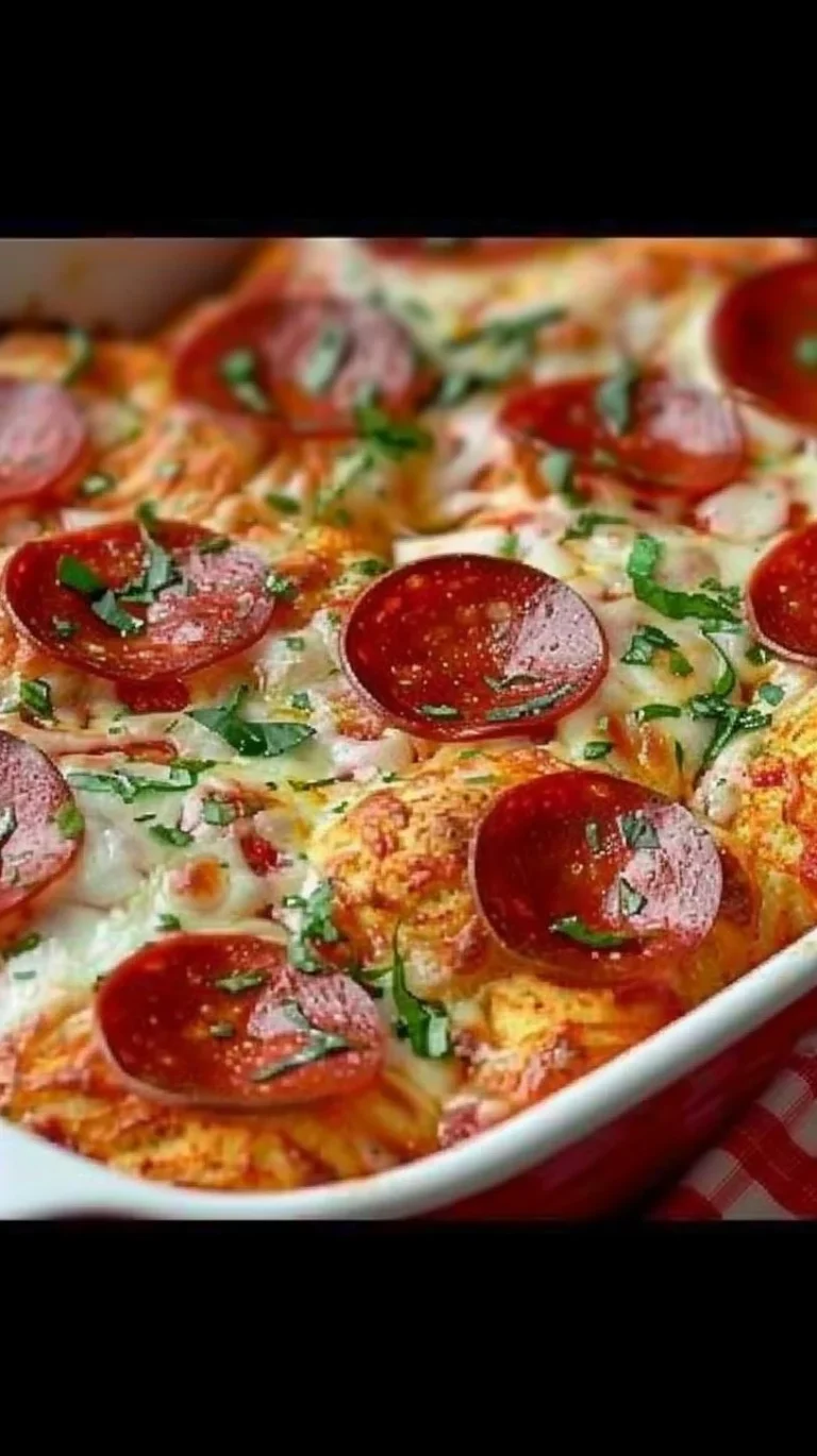 Bubble Up Biscuit Pizza Casserole with cheesy toppings and colorful ingredients