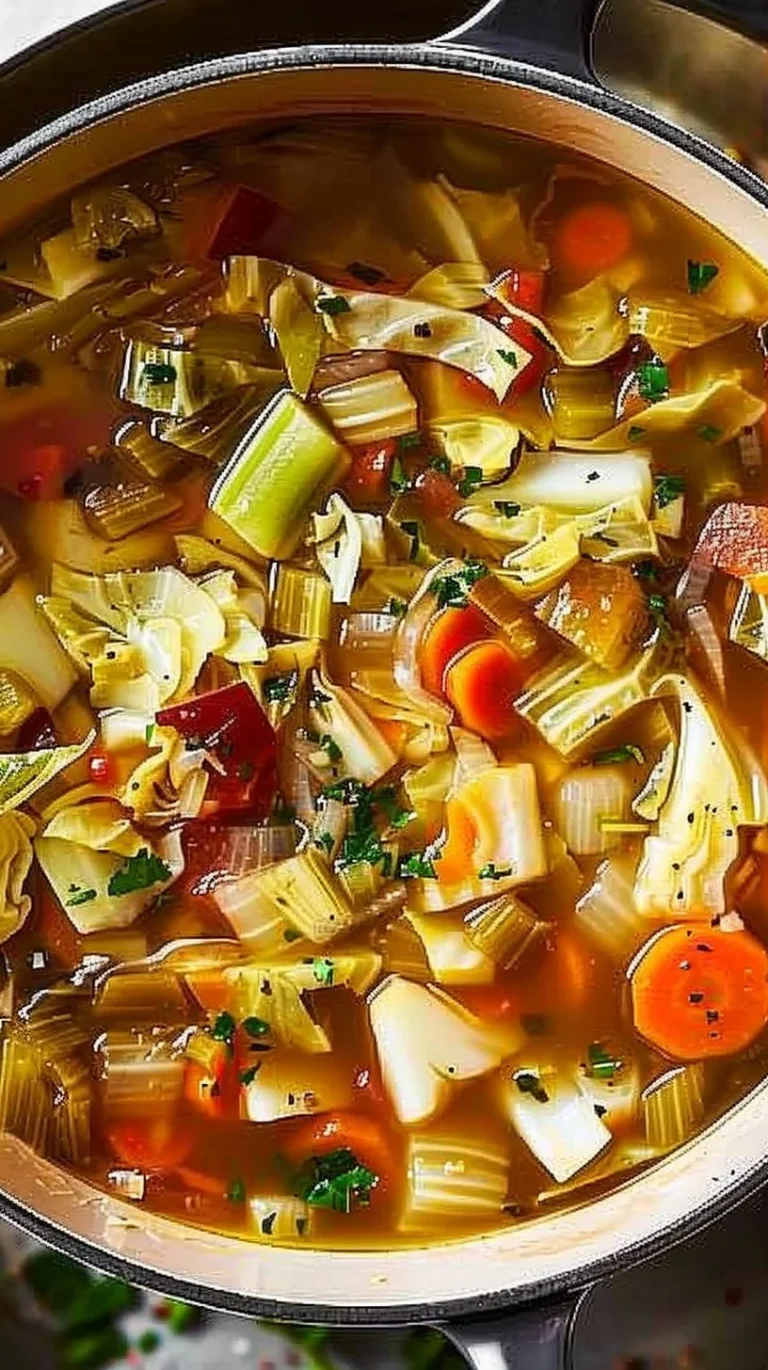A bowl of healthy cabbage soup with fresh vegetables and herbs.