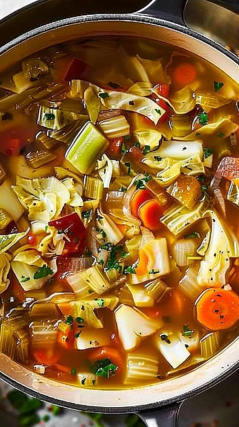 A bowl of healthy cabbage soup with fresh vegetables and herbs.