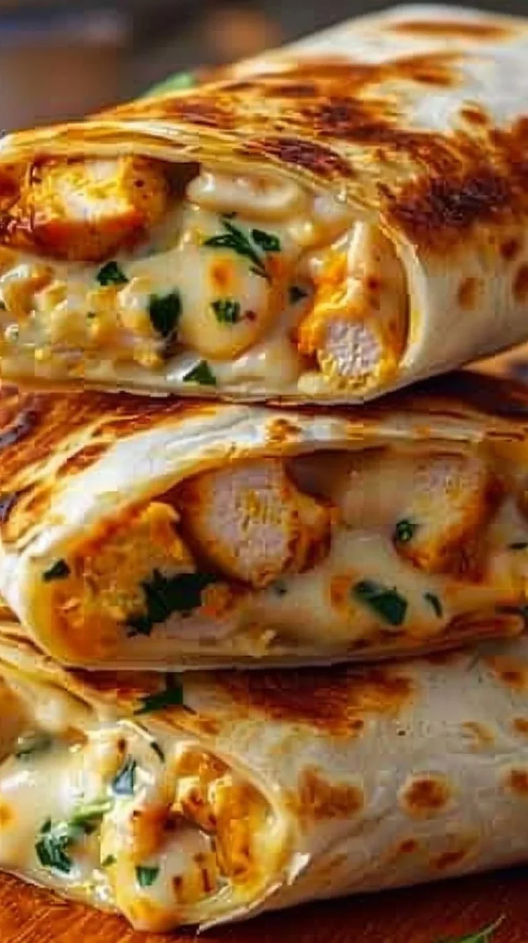 Cheesy garlic chicken wraps garnished with herbs, served on a plate.