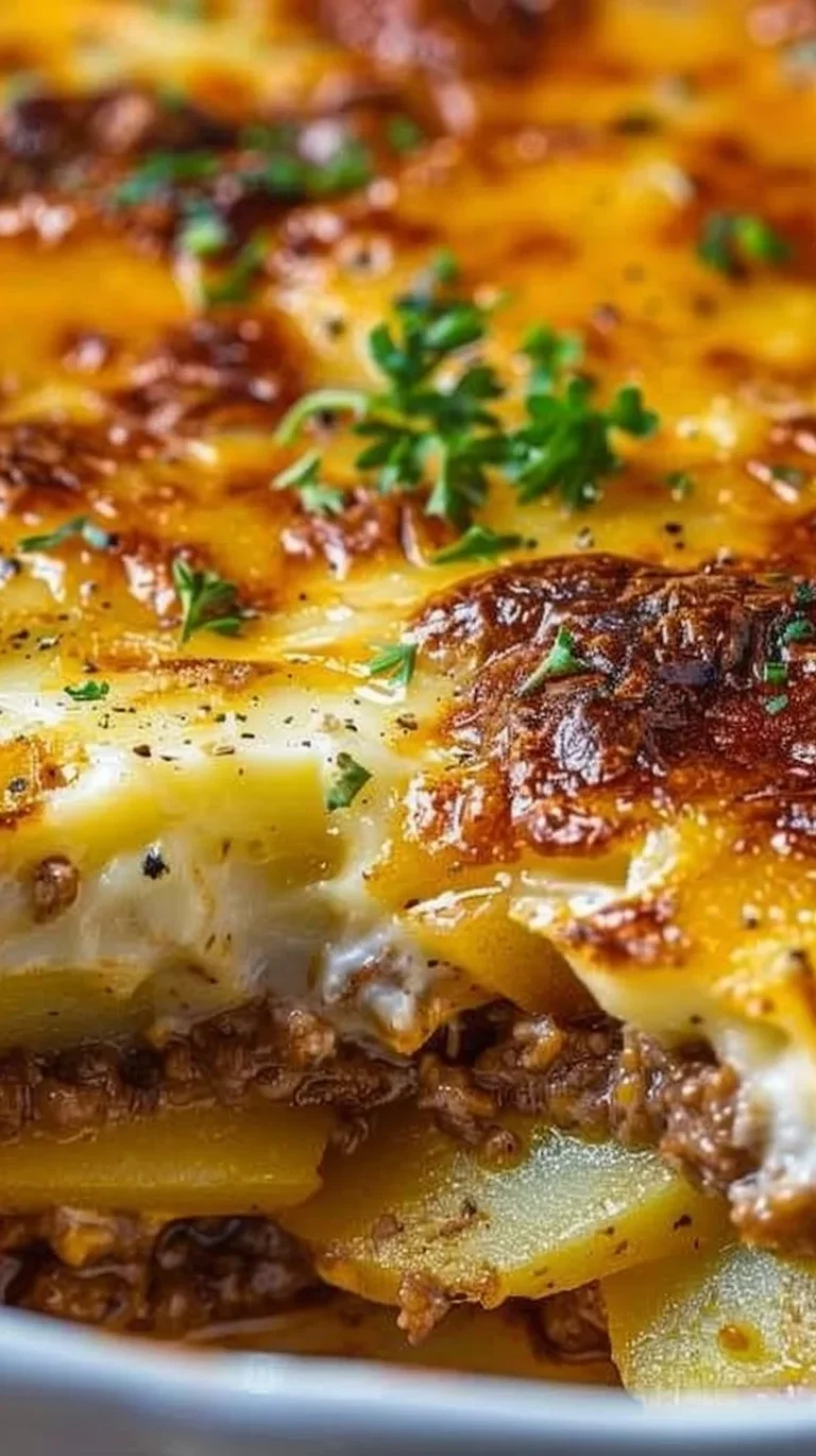 Cheesy Hamburger Potato Casserole served in a dish, featuring ground beef and potatoes.