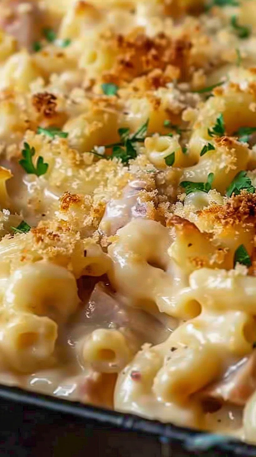 Delicious Chicken Cordon Bleu Casserole topped with cheese and herbs