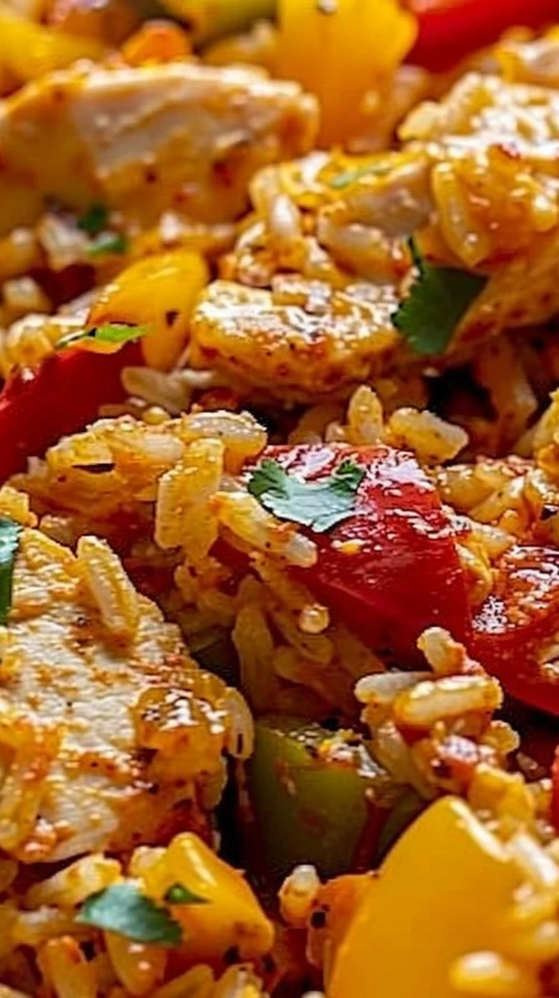 A delicious Chicken Fajita Rice Casserole topped with melted cheese and colorful peppers.