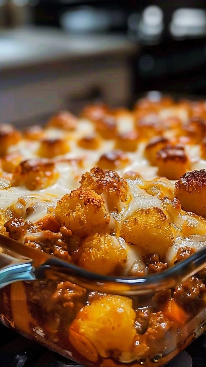 Chili Cheese Tater Tot Casserole topped with cheese and chili in a baking dish