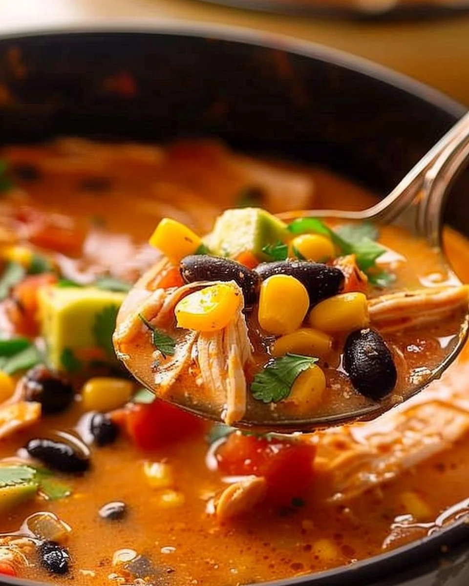 Bowl of Classic Chicken Tortilla Soup topped with crispy tortilla strips.