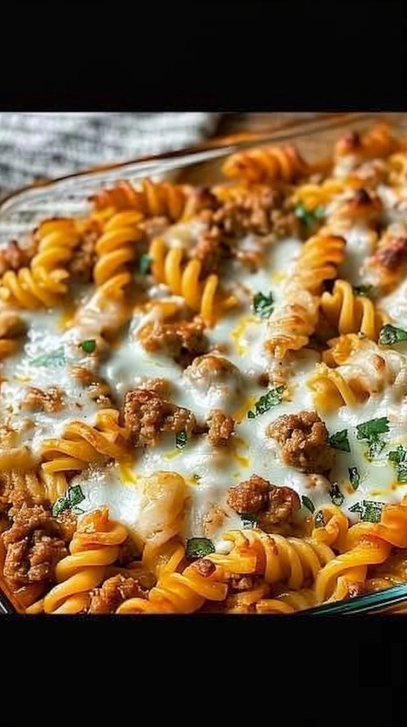 Cottage Cheese Protein Pasta Bake dish with herbs and cheese