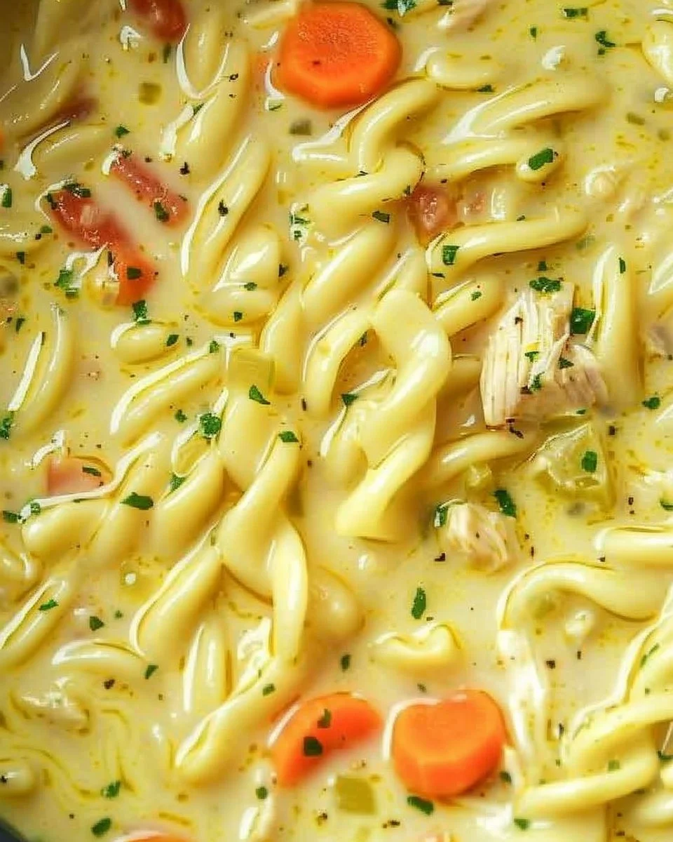 Delicious bowl of Crack Chicken Noodle Soup with fresh ingredients