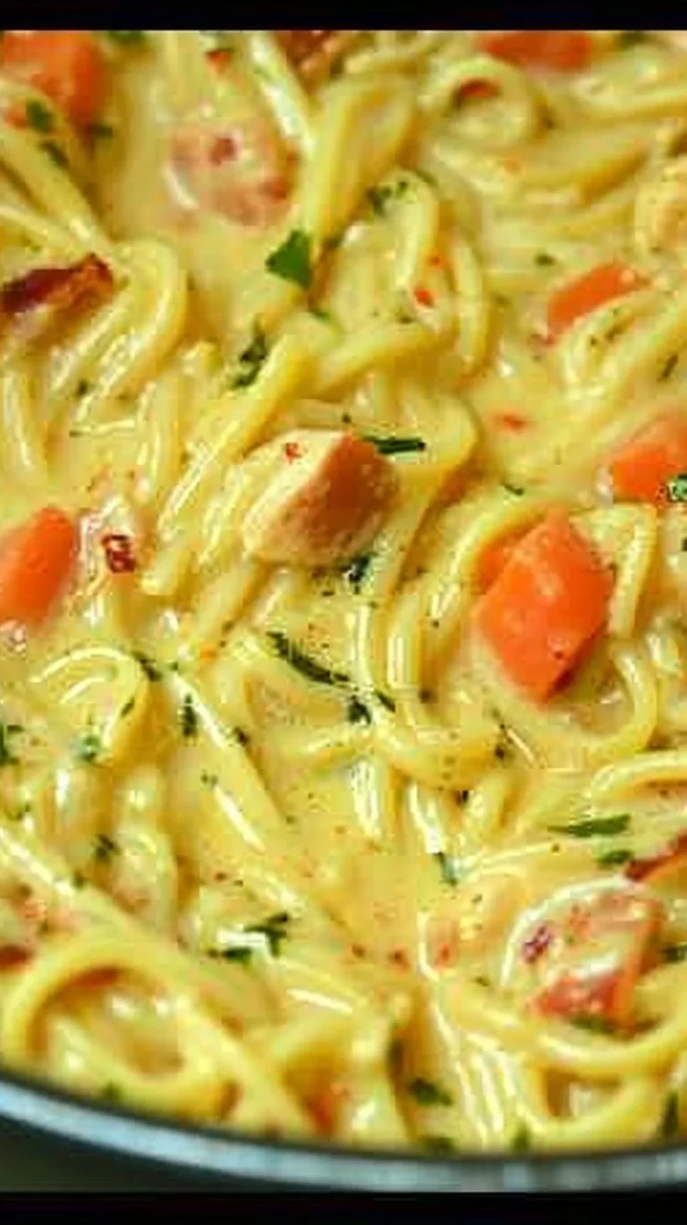 Bowl of Crack Chicken Noodle Soup with chicken, noodles, and vegetables