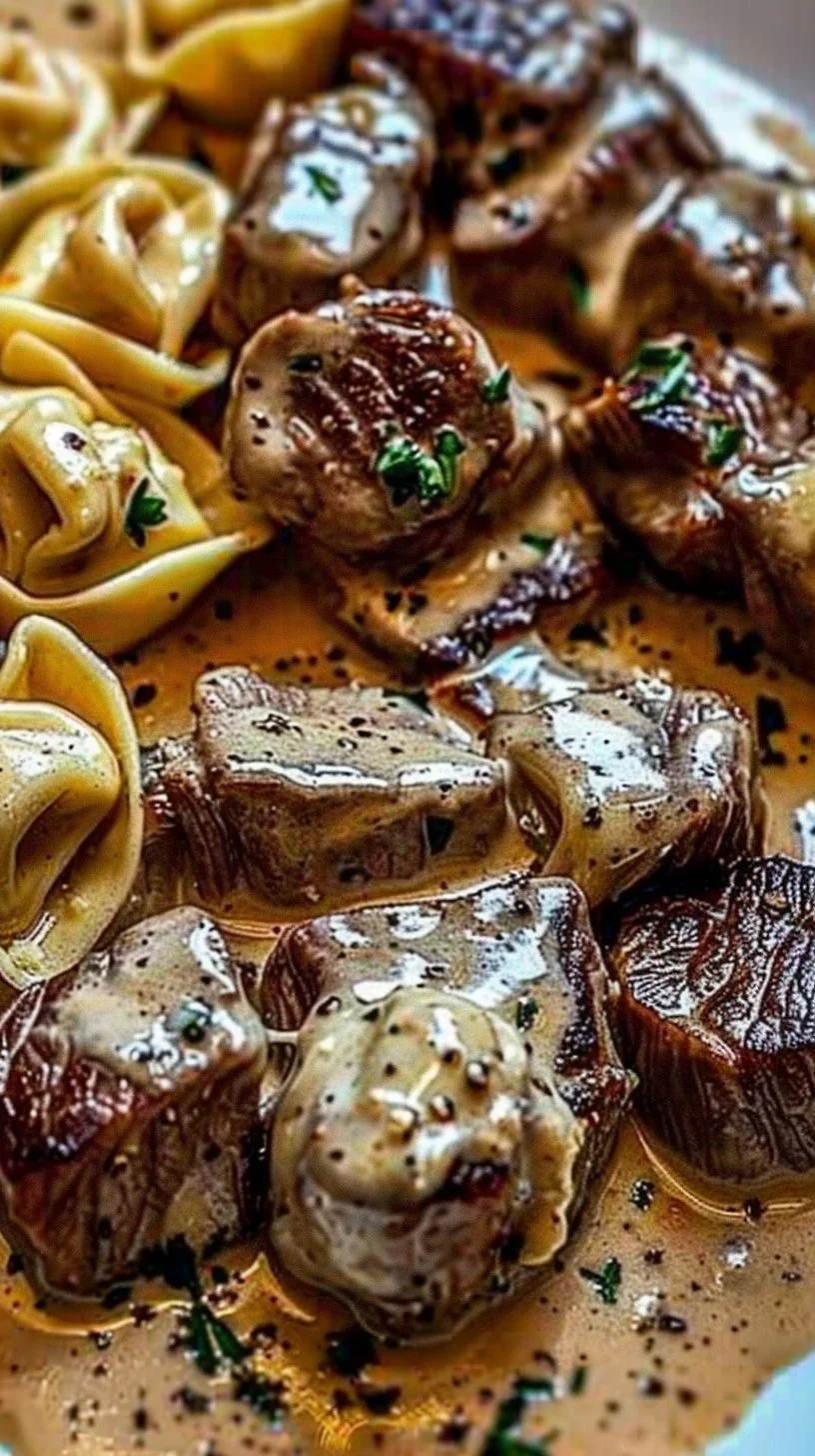 Cracked Garlic Steak Tortellini served in a rich creamhouse sauce