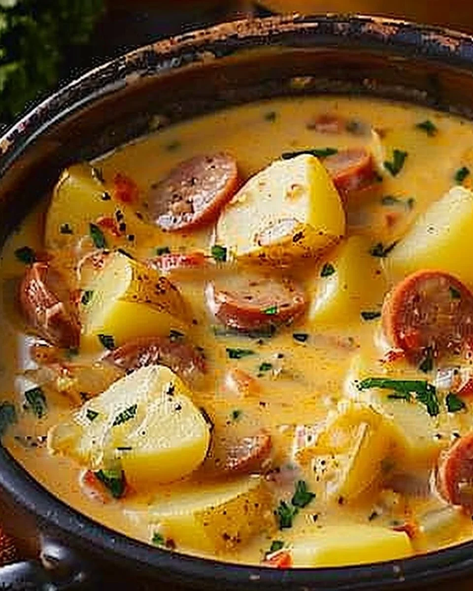 Bowl of creamy Cajun potato soup garnished with herbs and spices