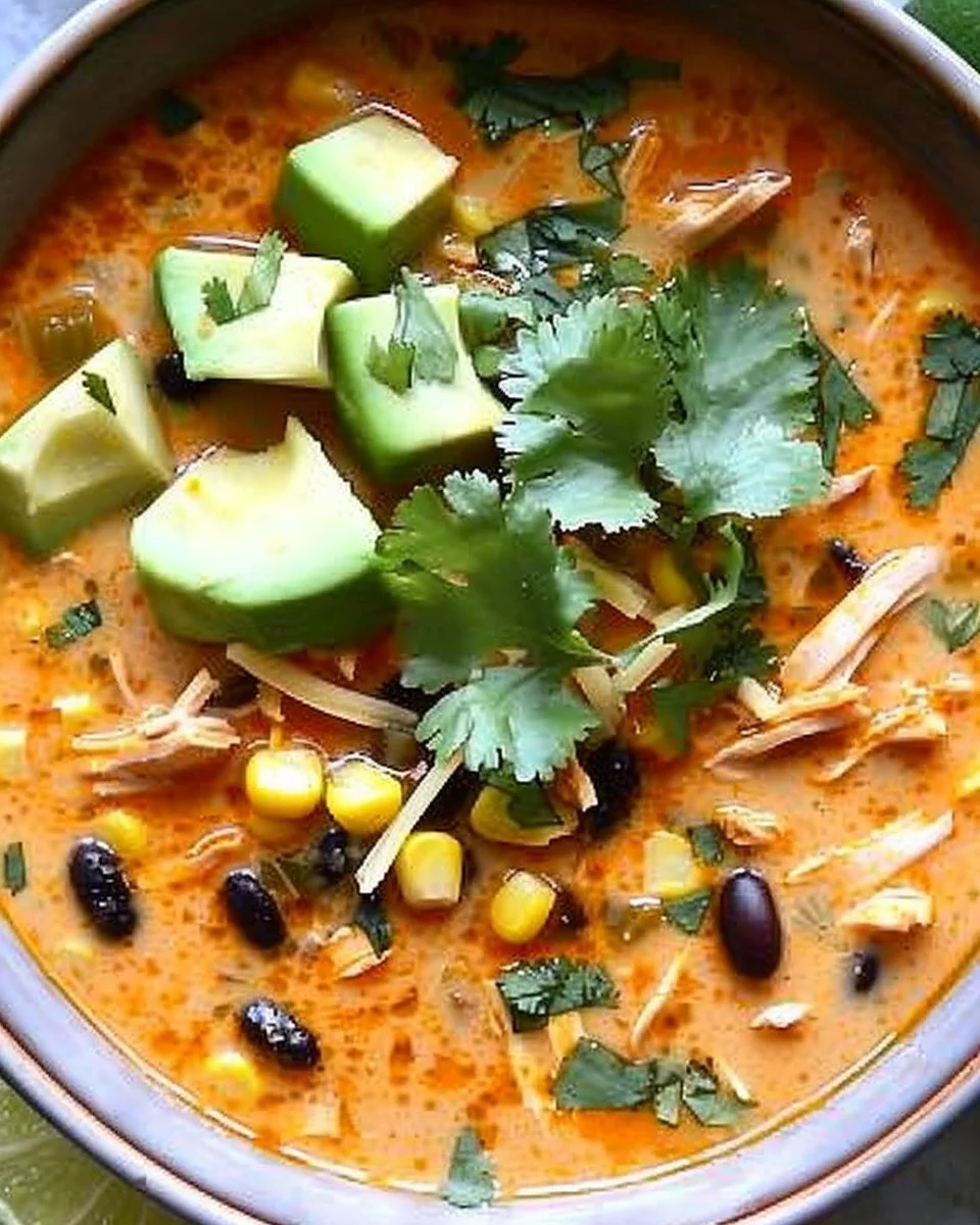 Bowl of creamy chicken enchilada soup topped with cilantro and cheese
