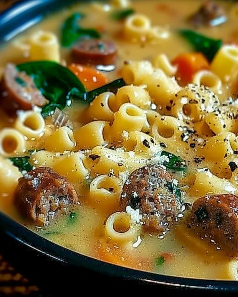A bowl of creamy Parmesan Italian sausage ditalini soup garnished with herbs.