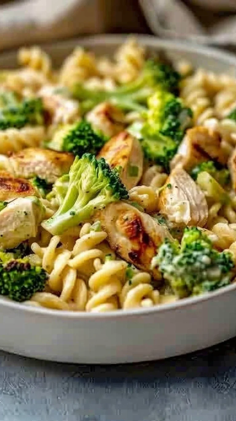 Creamy rotisserie chicken and broccoli pasta dish served in a bowl