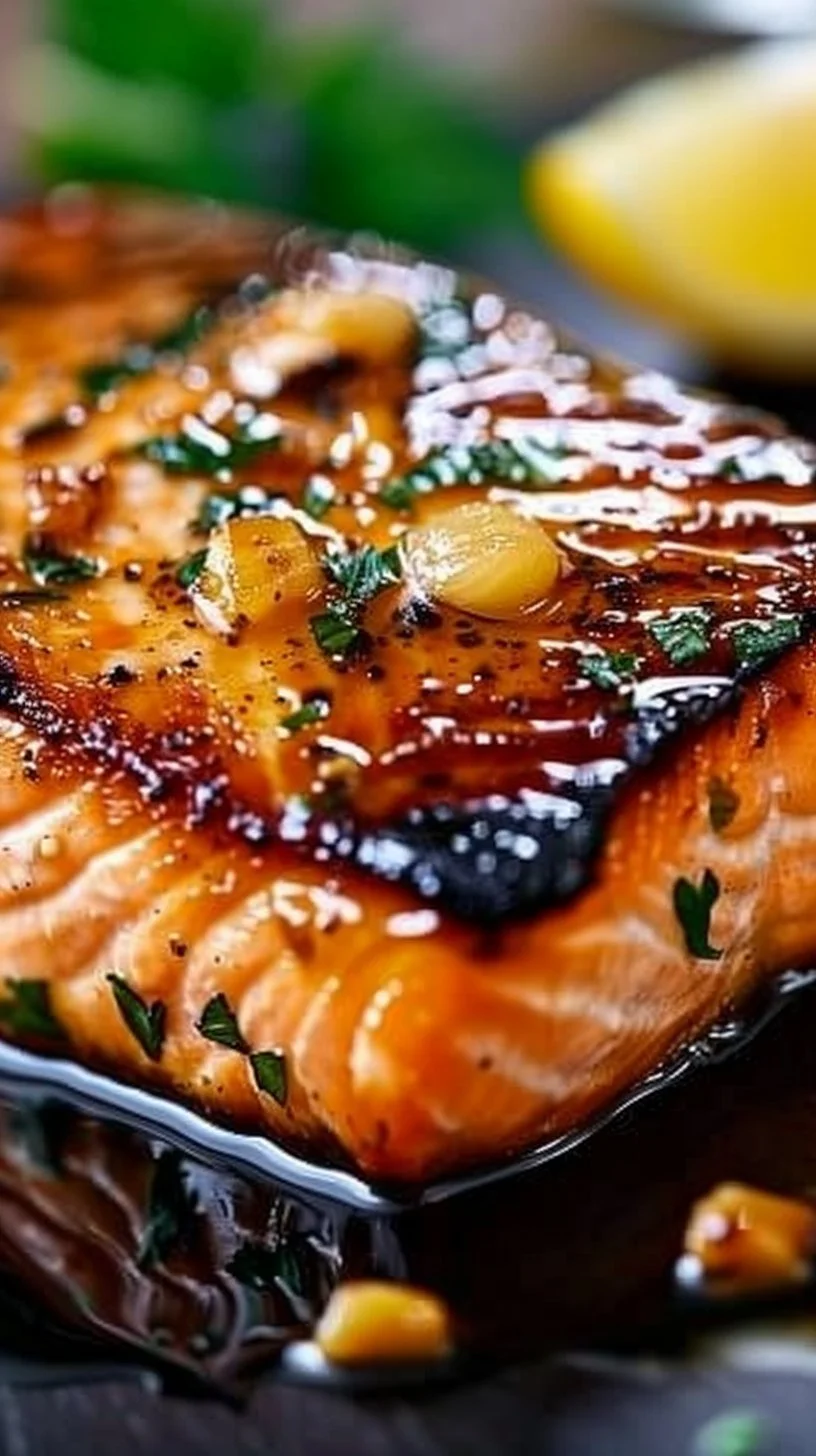 Crispy honey garlic glazed salmon garnished with green onions on a plate.