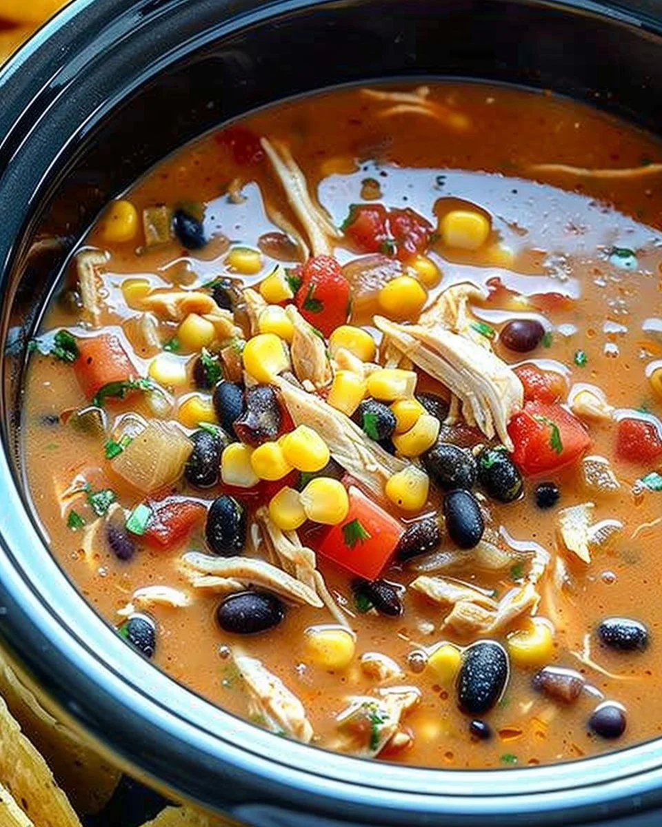 Bowl of Crockpot chicken tortilla soup topped with crispy tortilla strips