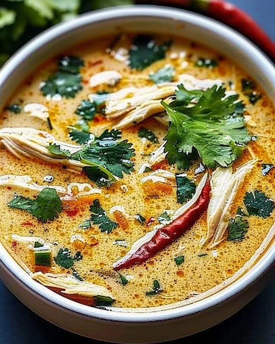 A bowl of delicious Crockpot Thai Coconut Chicken Soup garnished with fresh herbs.