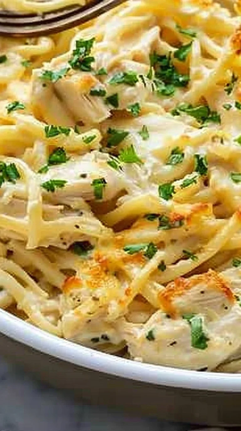 Easy Chicken Tetrazzini pasta dish with creamy sauce and vegetables