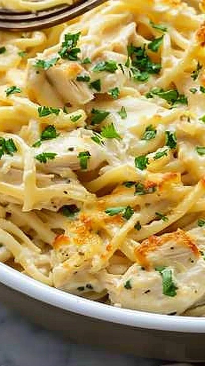 Easy Chicken Tetrazzini pasta dish with creamy sauce and vegetables