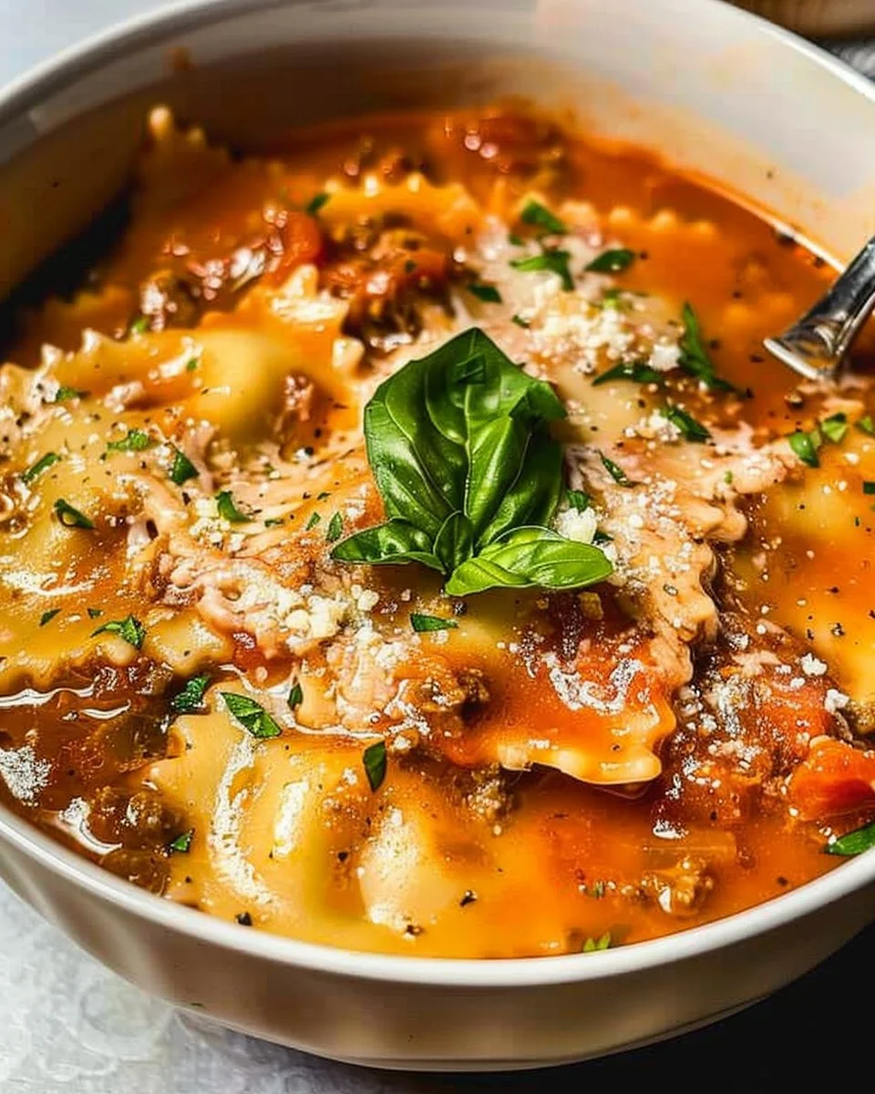 A bowl of easy creamy lasagna soup topped with cheese and fresh herbs