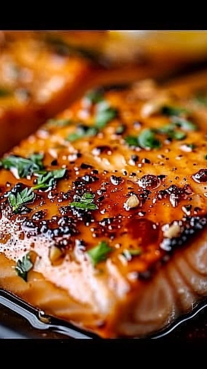 Crispy honey garlic salmon served on a plate with garnish