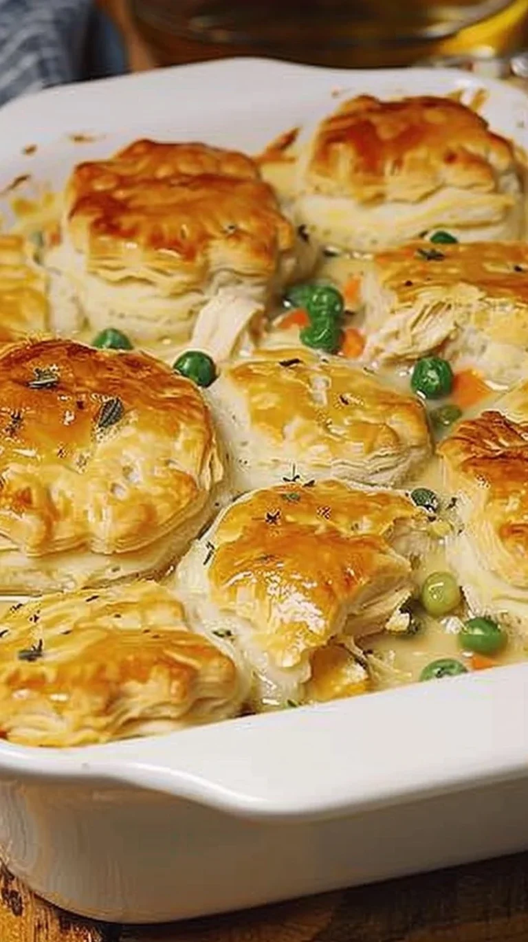 Delicious homemade chicken pot pie casserole served in a baking dish
