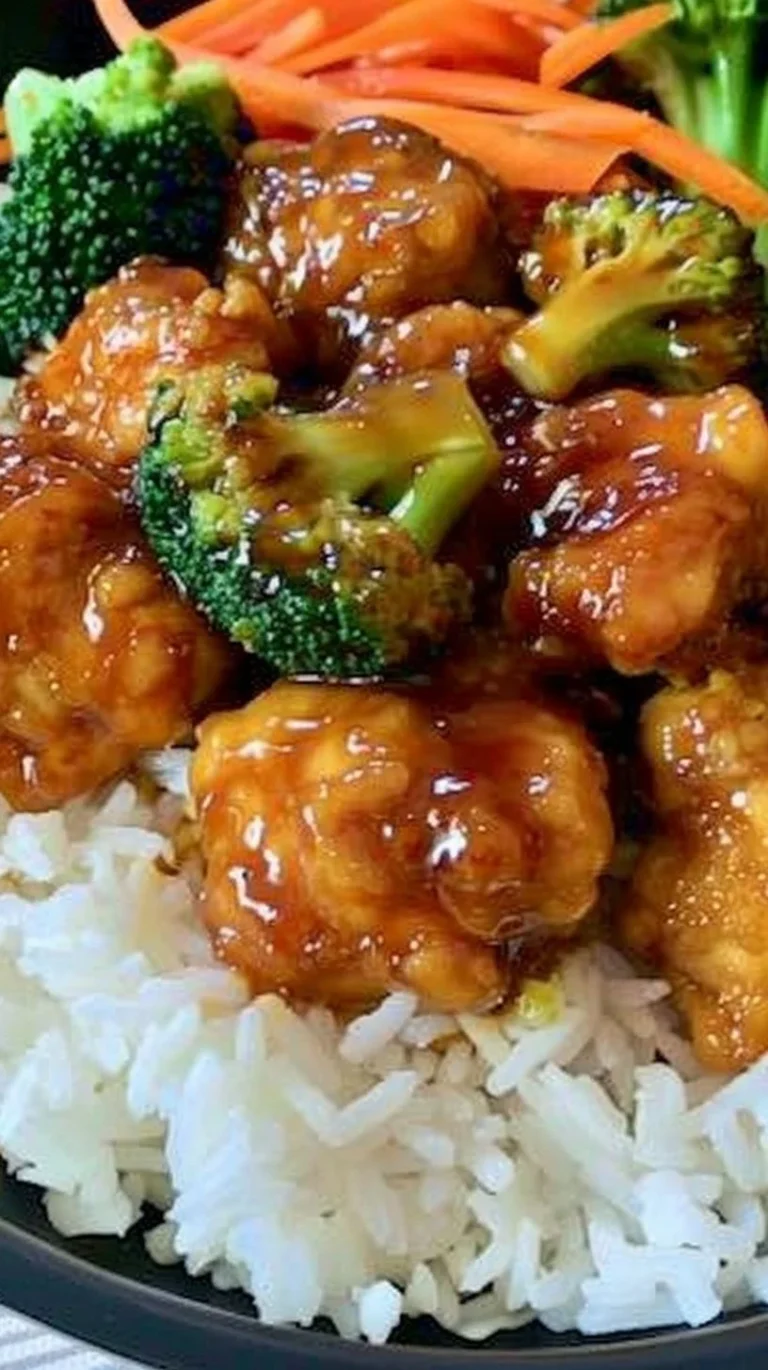 Plate of easy orange chicken with vibrant sauce and garnished vegetables