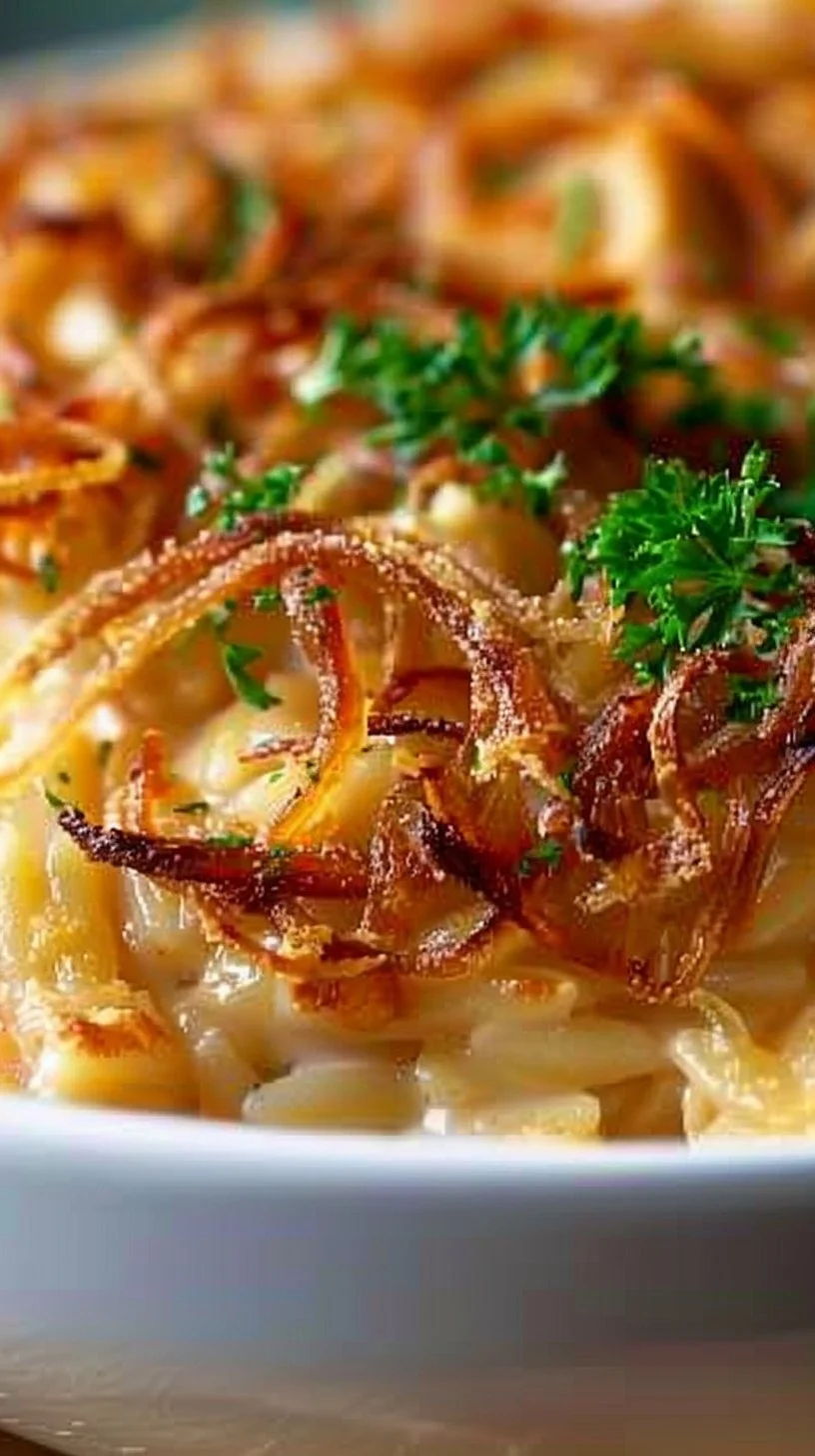 French Onion Chicken Orzo Casserole topped with melted cheese and herbs