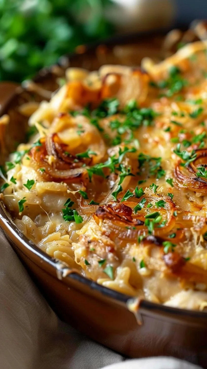 French Onion Chicken Orzo Casserole