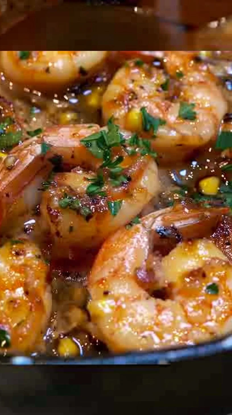 Plate of Garlic Butter Shrimp garnished with herbs and served with lemon.