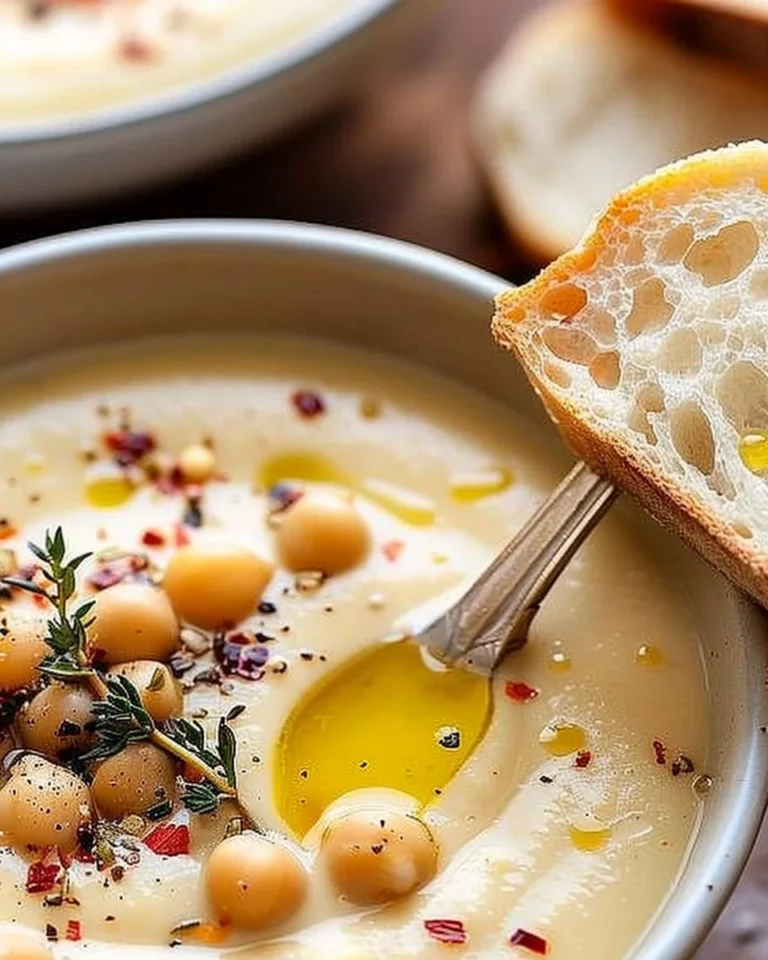 A bowl of garlic chickpea soup garnished with fresh herbs and spices