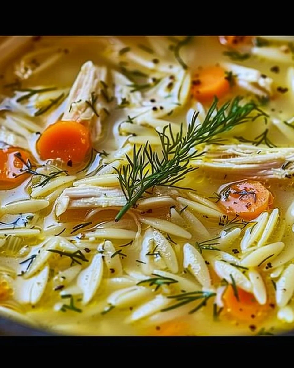 Bowl of Greek lemon chicken soup garnished with fresh herbs and lemon slices.