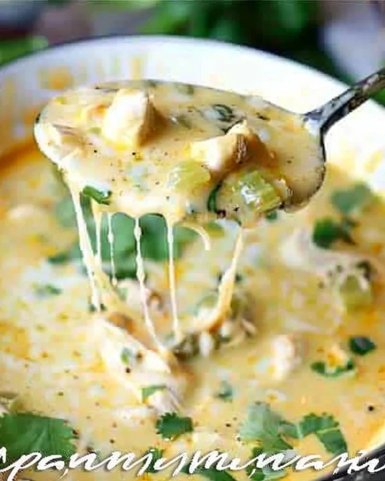 Creamy green chicken enchilada soup topped with cheese and herbs in a bowl.