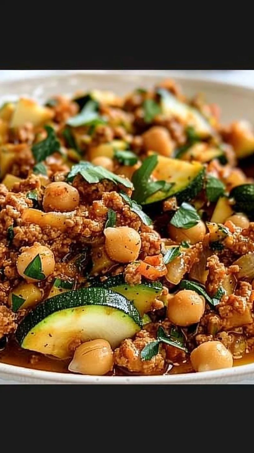 Ground turkey zucchini chickpea skillet cooked in a pan.
