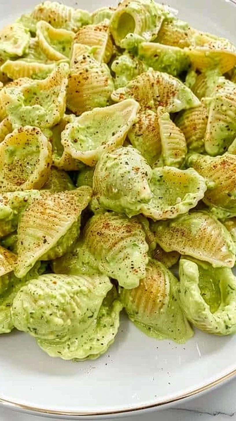 Healthy avocado pasta with Greek yogurt, garnished with herbs and spices