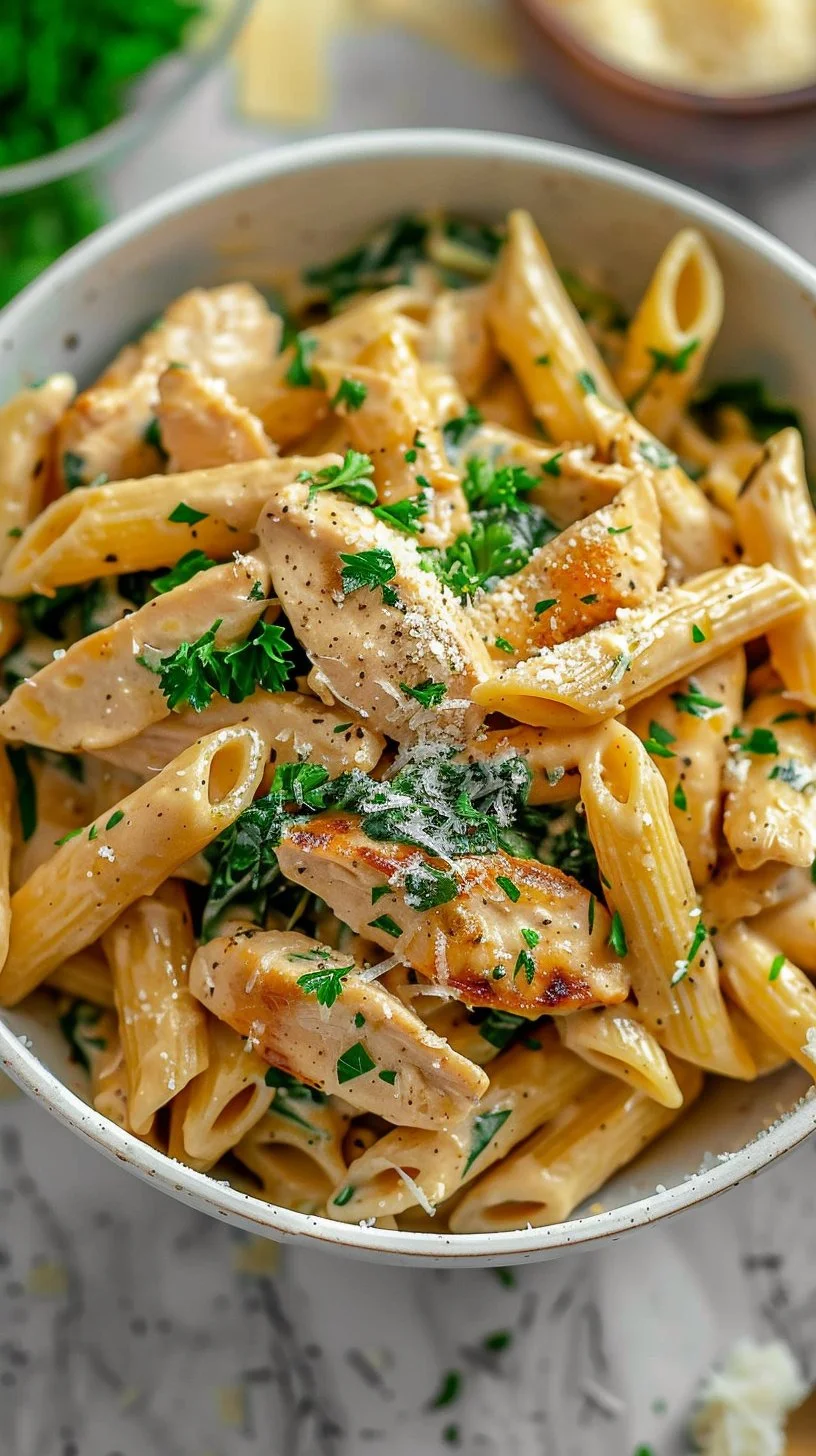 Healthy garlic parmesan chicken pasta served with fresh herbs and cheese