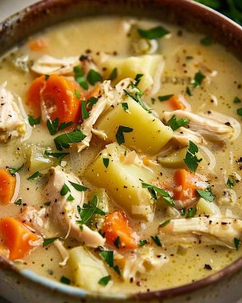 High protein chicken pot pie soup in a bowl, garnished and ready to serve.