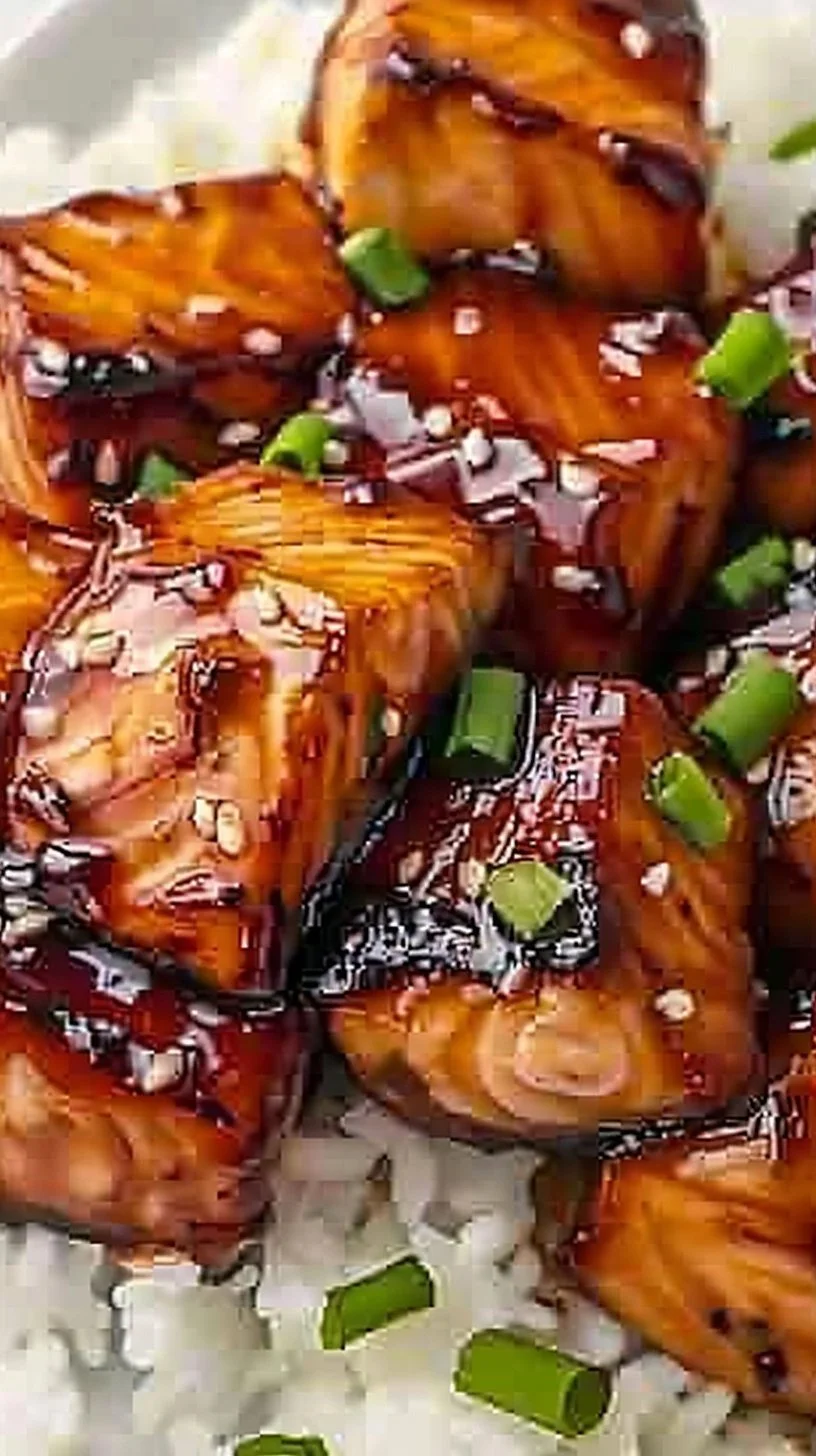 Honey garlic salmon bites served on a plate with fresh herbs