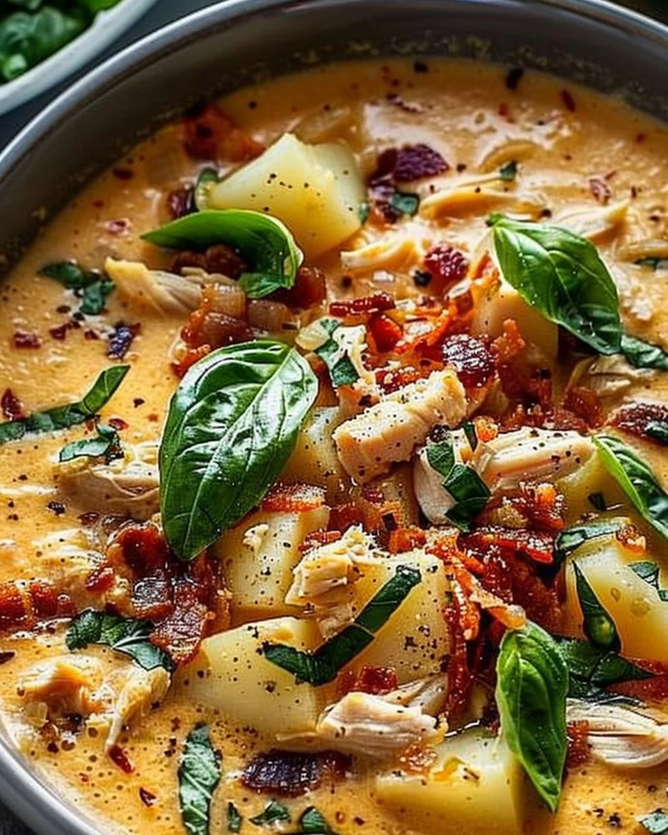 A bowl of Marry Me Soup garnished with herbs, showcasing its rich ingredients.