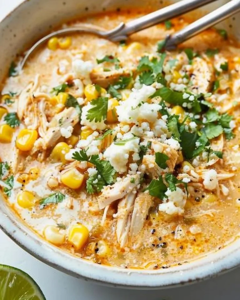 Bowl of creamy Mexican street corn soup topped with spices and fresh cilantro